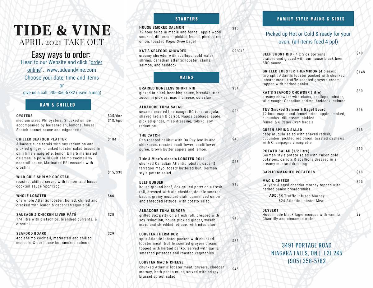 Menu at Tide and Vine Oyster House pub & bar, Niagara Falls