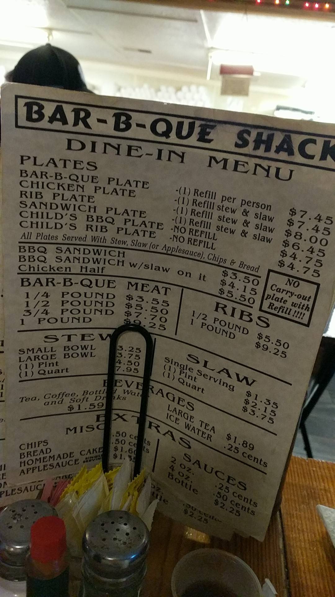 Menu at BarBQ Shack, Toccoa