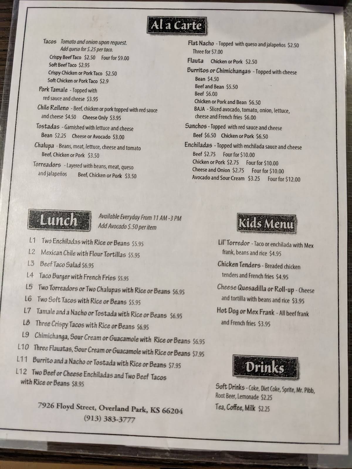Menu at Torreador Mexican Restaurant, Overland Park