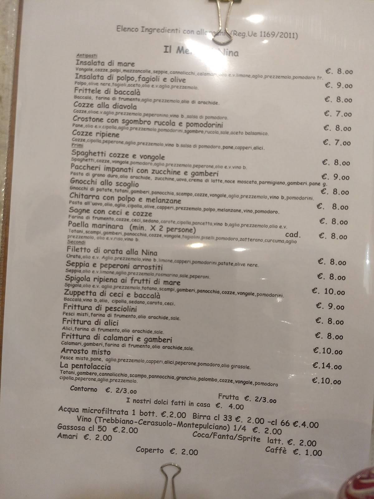 Menu Da Trattoria Nina Ristorante Pescara