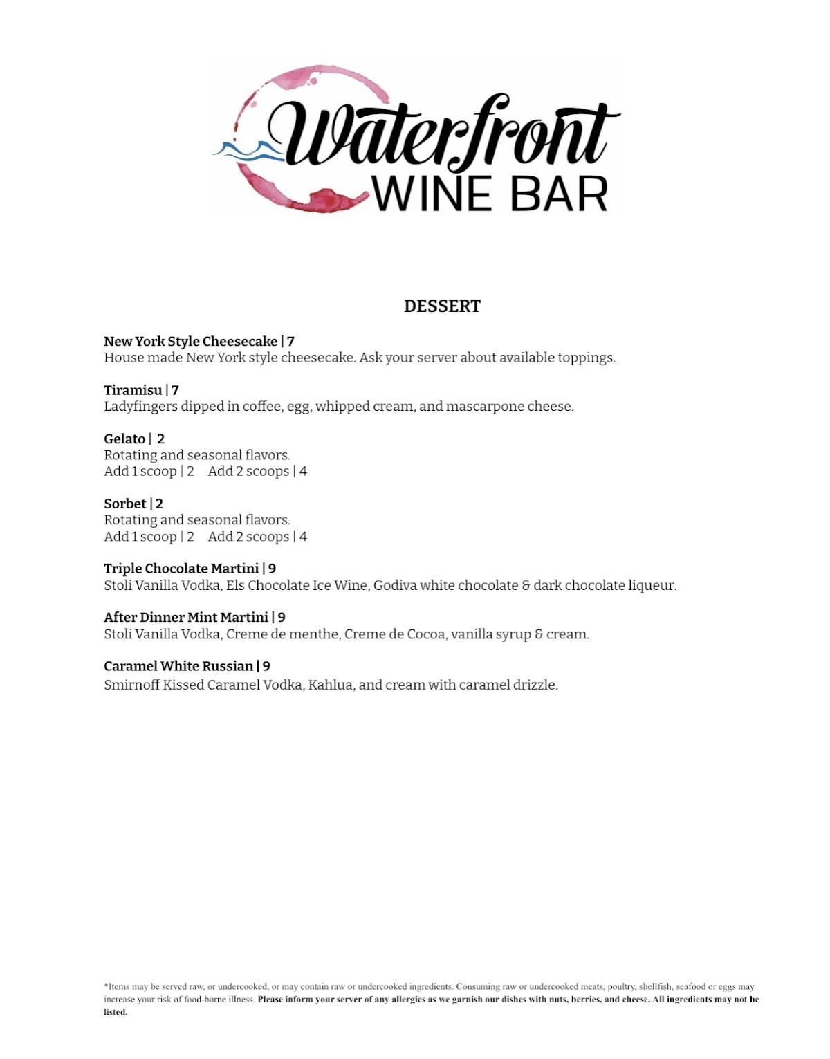 Menu at Waterfront Wine Bar, Manitowoc