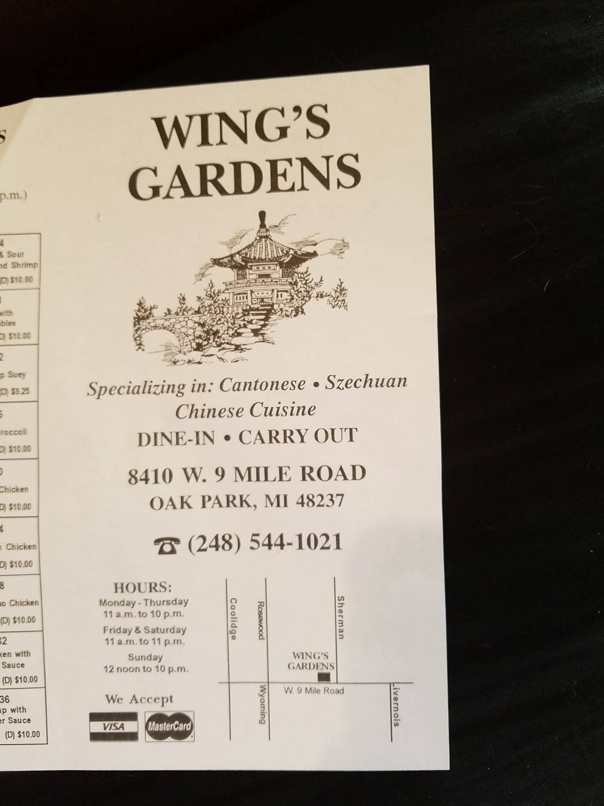 Menu at Wing's Gardens restaurant, Oak Park