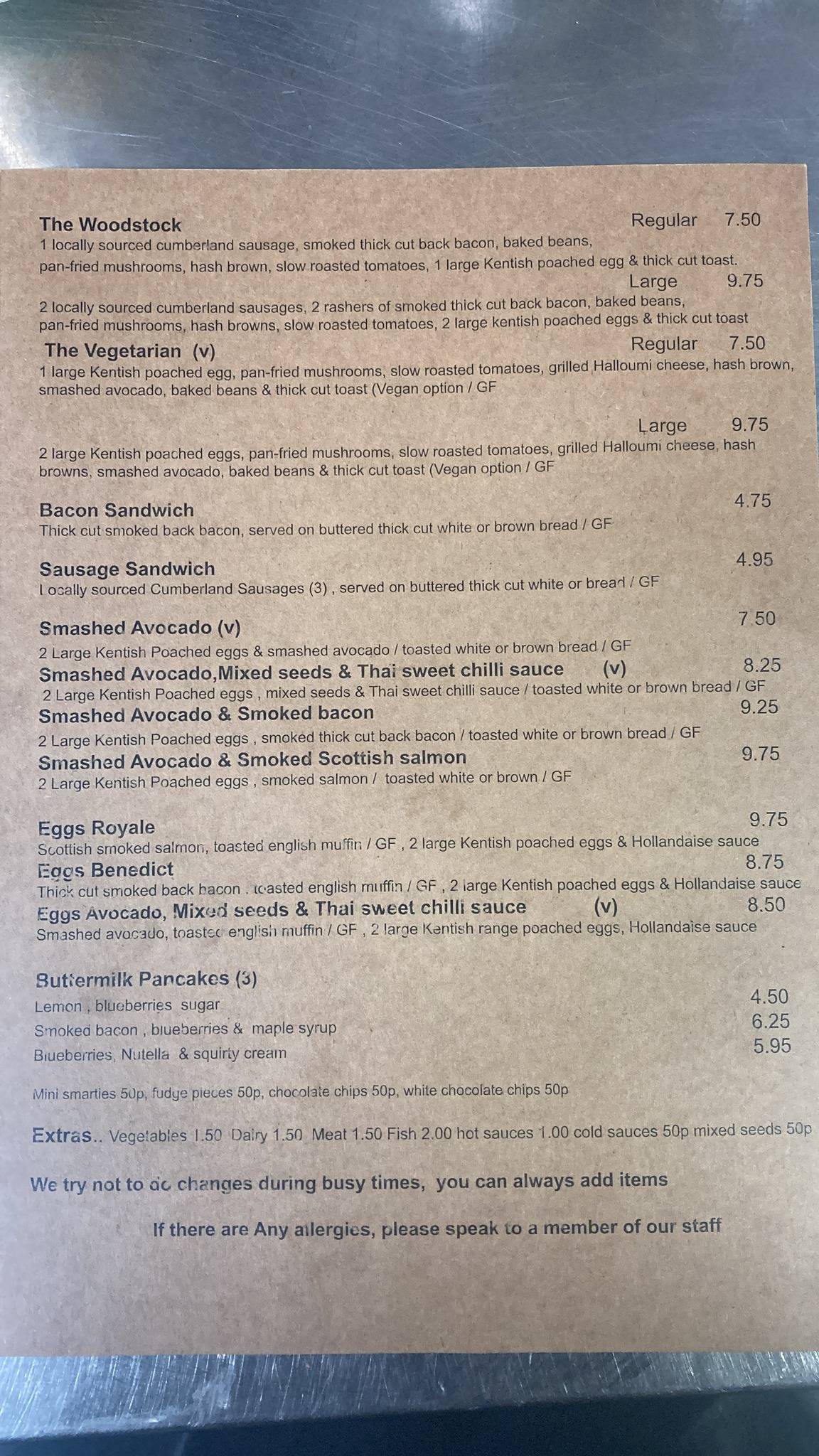 Menu at Woodstock Coffee Shop cafe, Maidstone