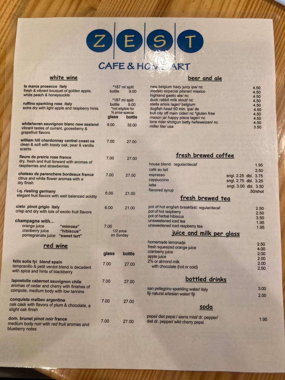 Menu at Zest Cafe & Home Art, Raleigh