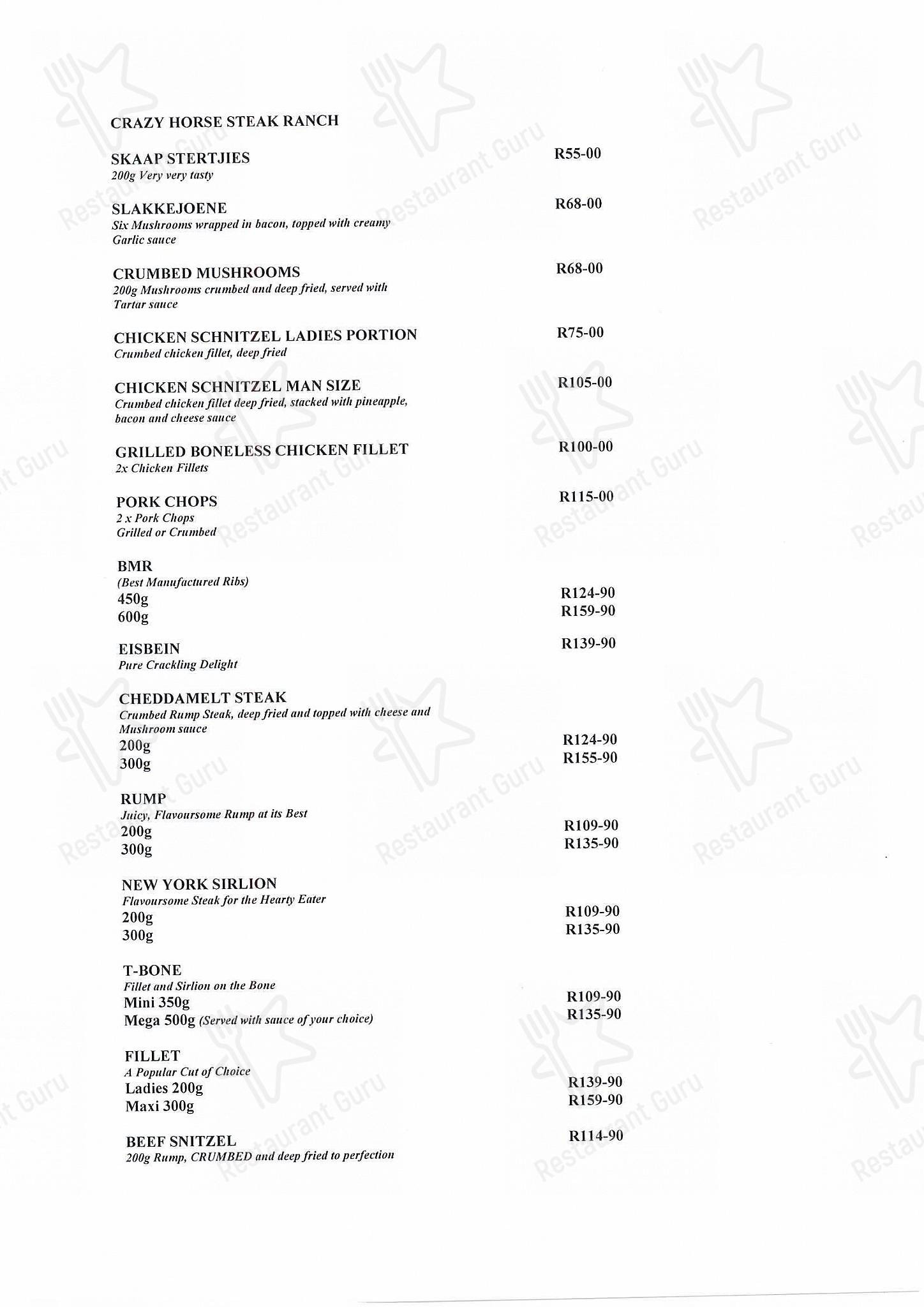 Menu at Horseshoe Inn restaurant, Kimberley