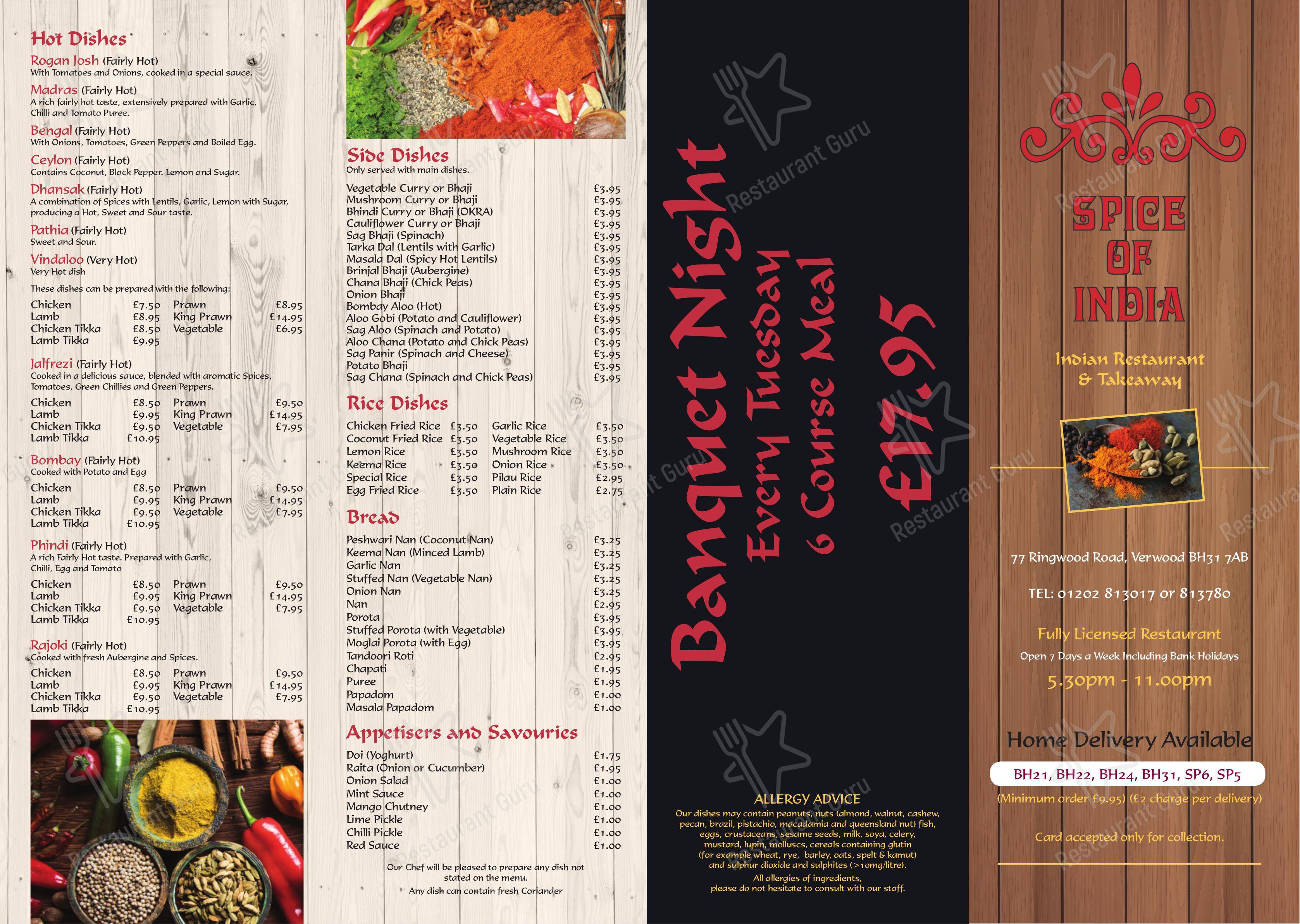 Menu at Spice Of India restaurant, Verwood