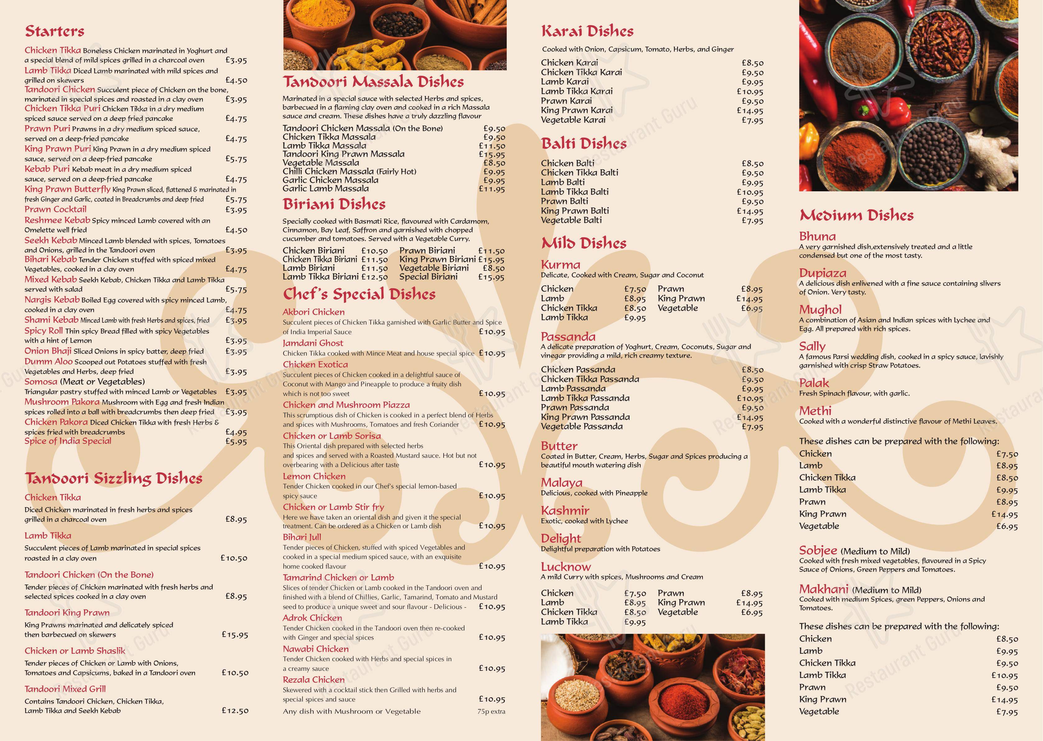 Menu at Spice Of India restaurant, Verwood