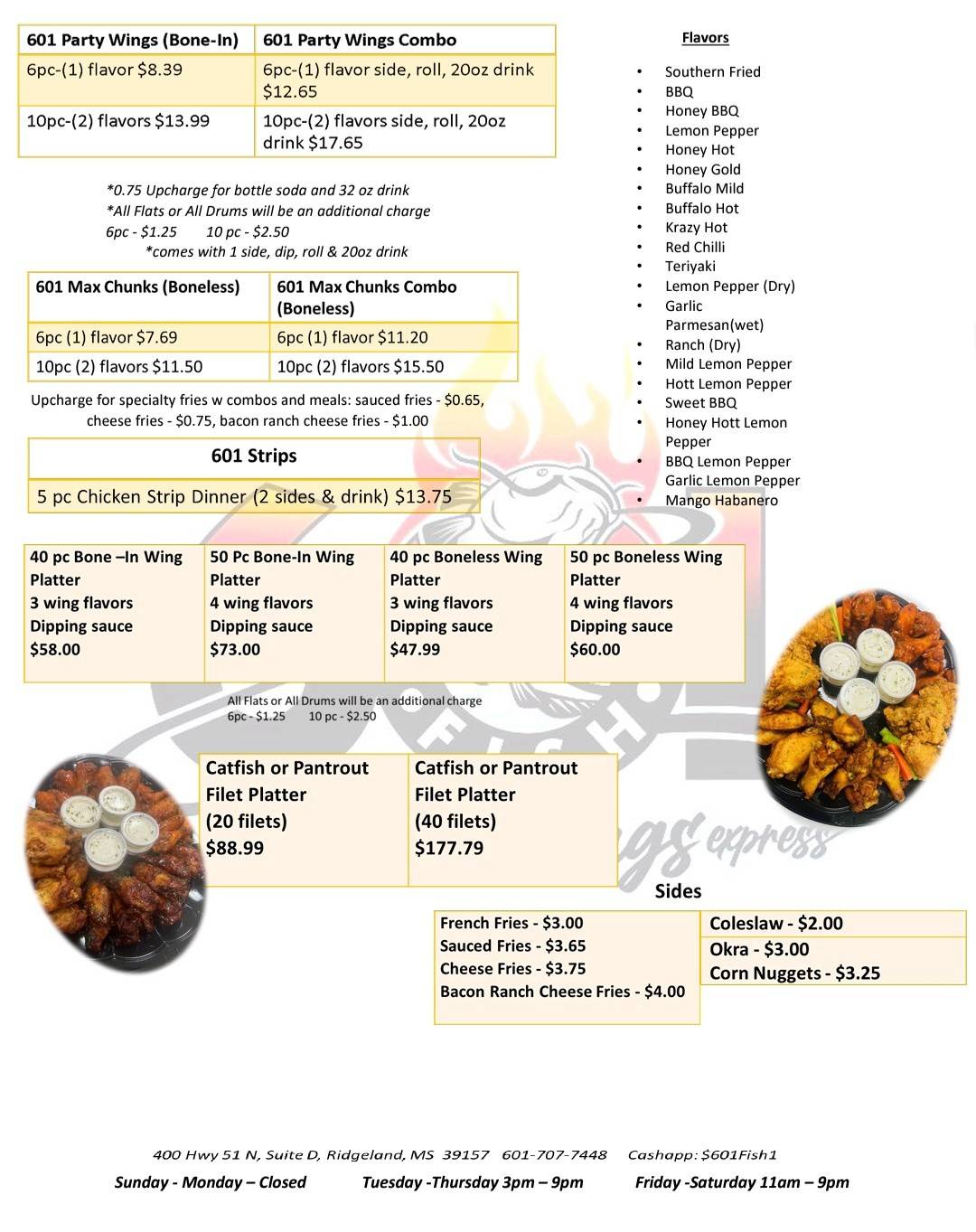 Menu at 601 Fish & Wings Express LLC restaurant, Ridgeland