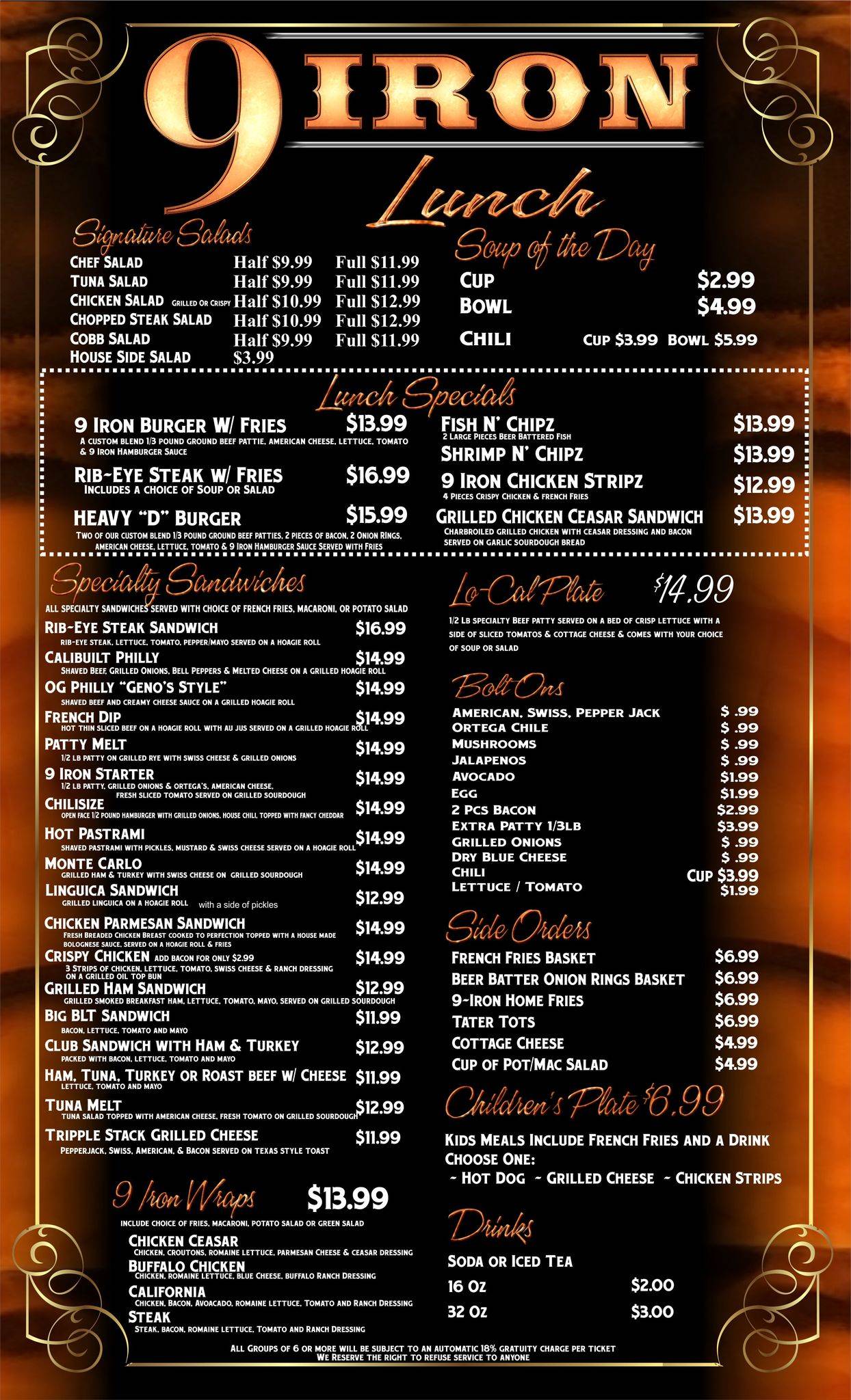 Menu at 9 Iron Bar & Grill, Tulare