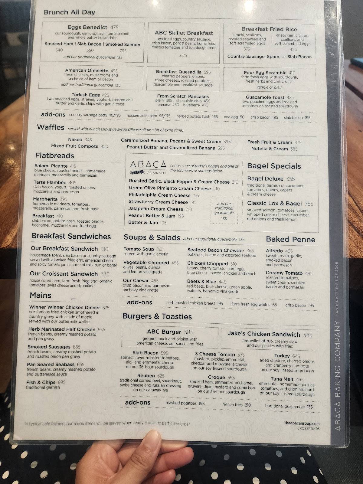 Menu at Abaca Baking Company restaurant, Cebu City, Crossroads