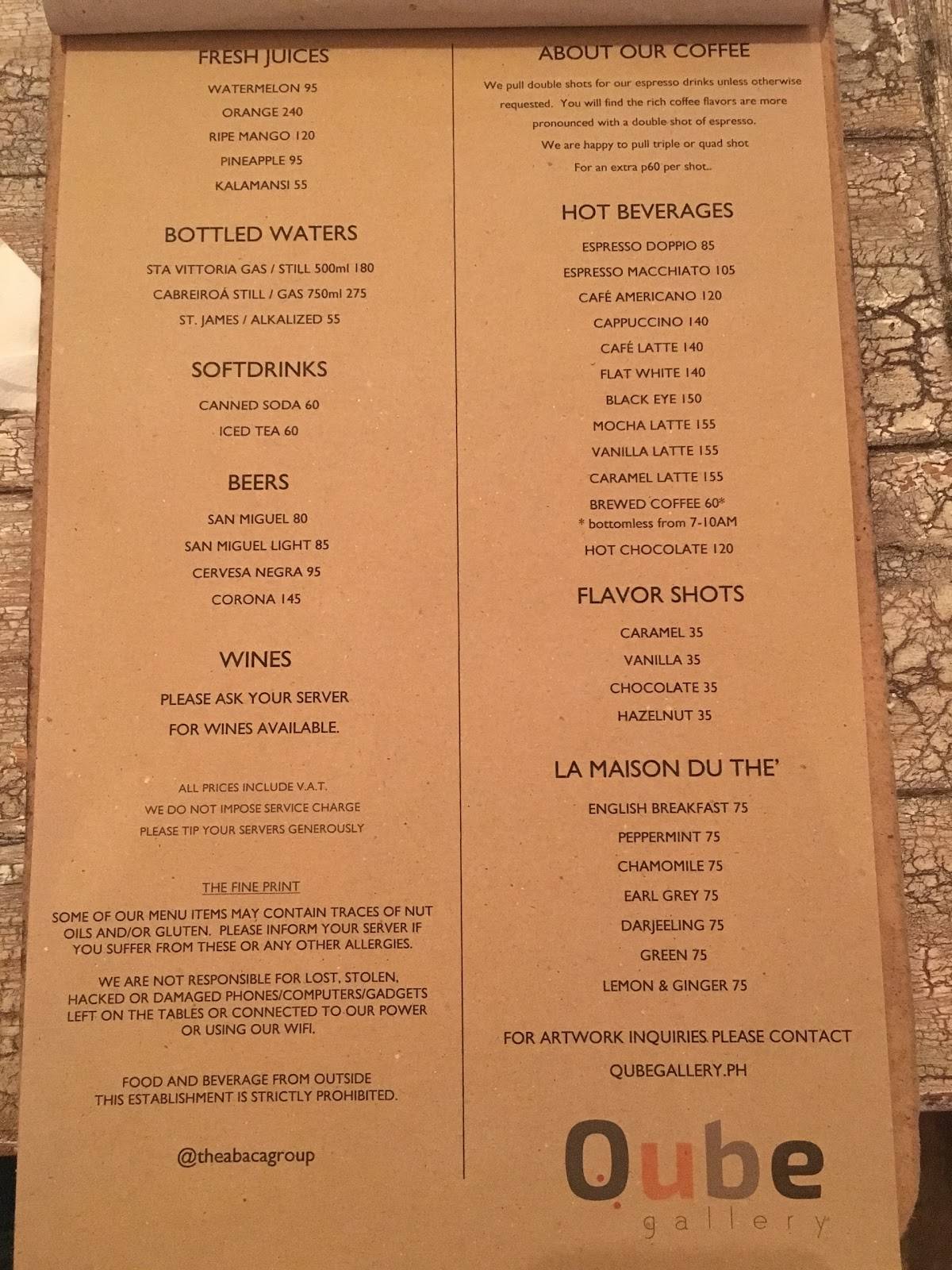 Menu at Abaca Baking Company restaurant, Cebu City, Crossroads