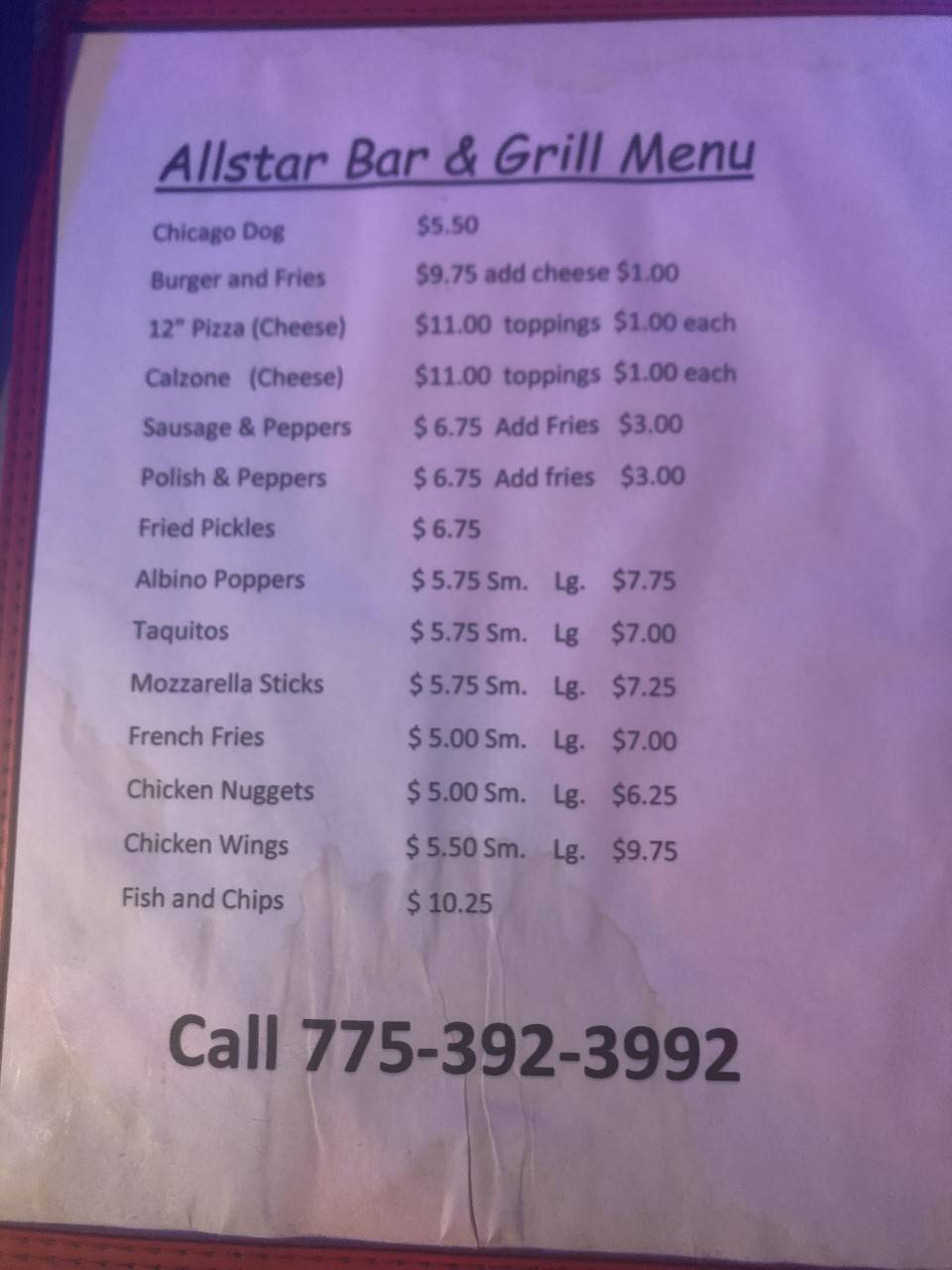Menu at All Star Bar & Grill, Carson City