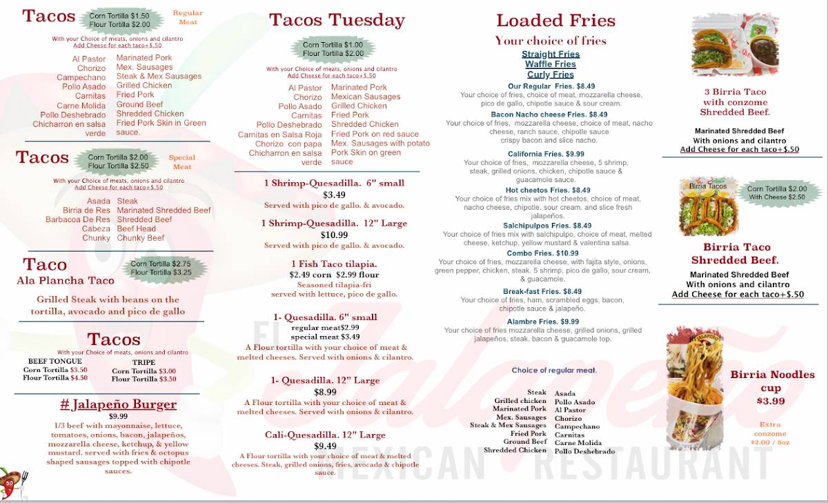 Menu at Taqueria El Jalapeño restaurant, Allen Park
