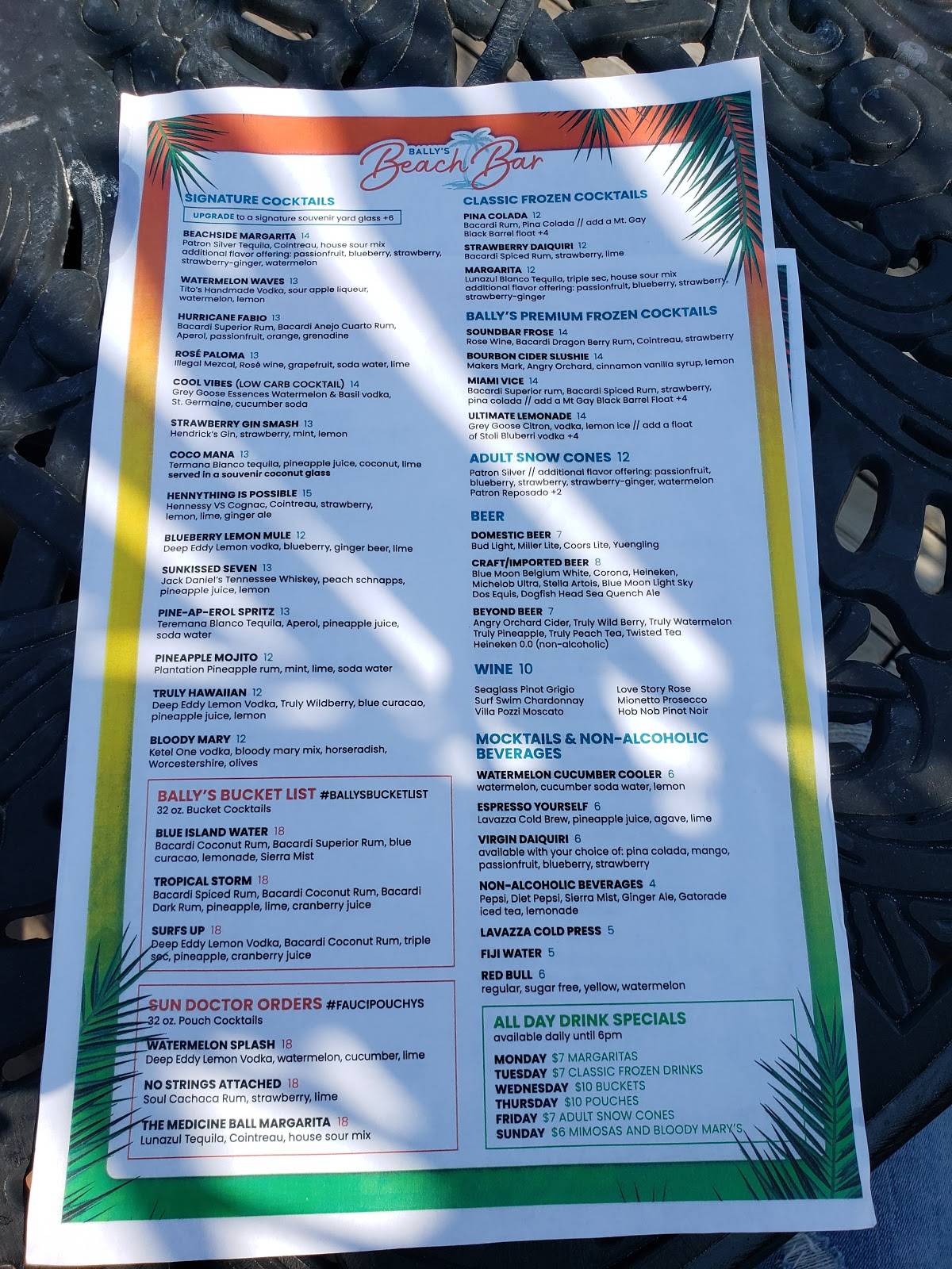 Carta de Bally's Beach Bar, Atlantic City