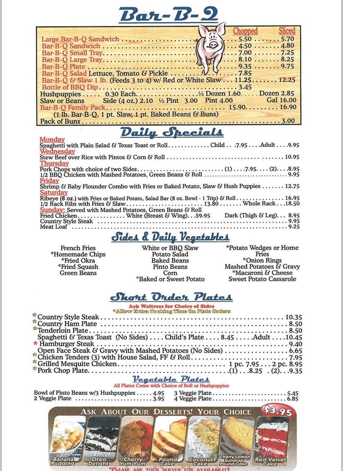 Menu at Porky's BarBQ, China Grove
