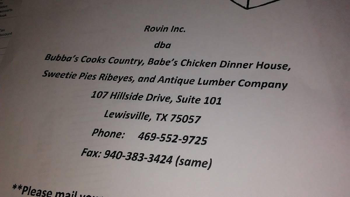 Menu at Babe's Chicken Dinner House restaurant, Sanger