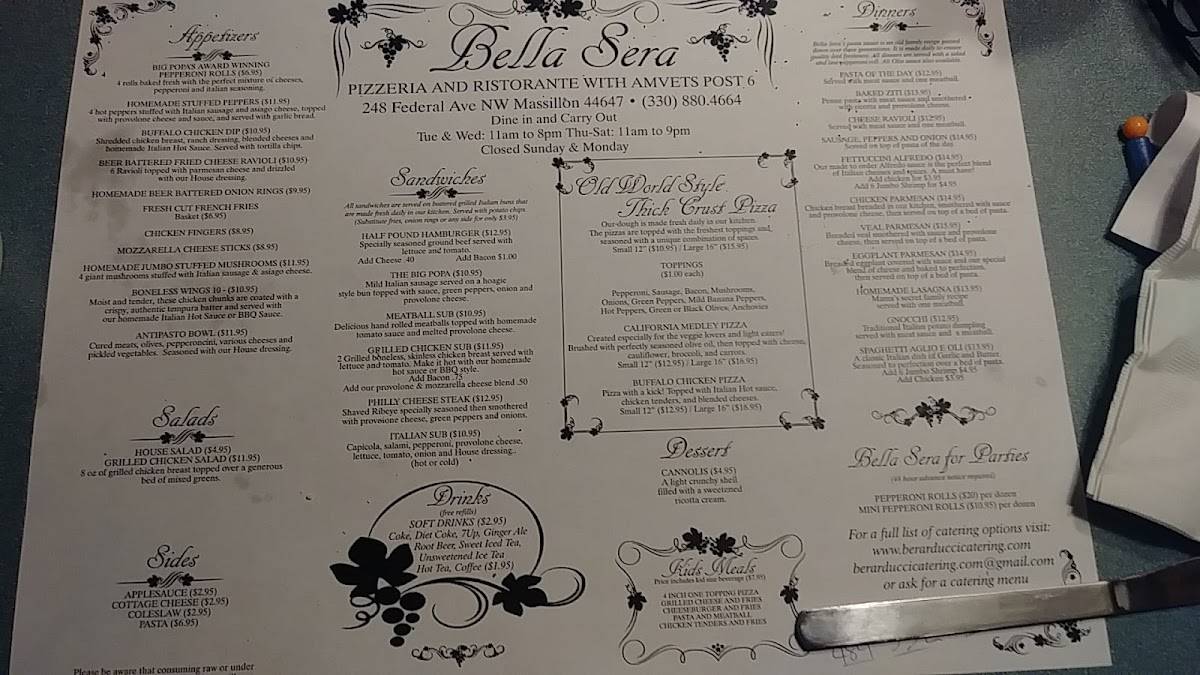 Menu at Bella Sera Pizzeria and Ristorante, Massillon