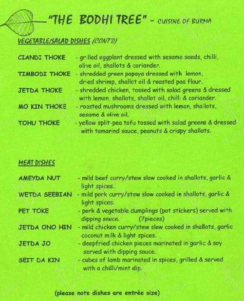Bodhi Tree Restaurant menu