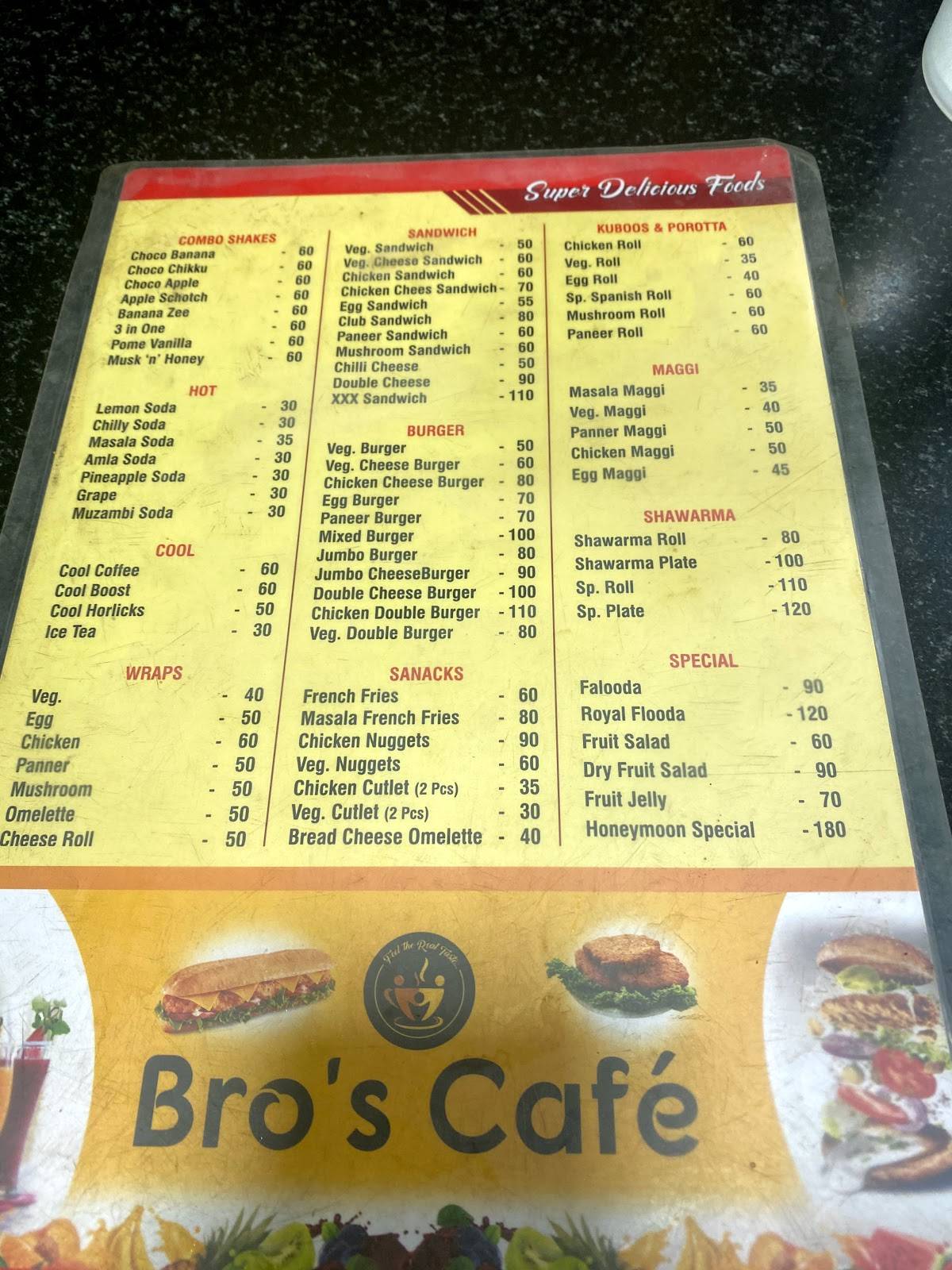 Menu at Bro's cafe', Chennai