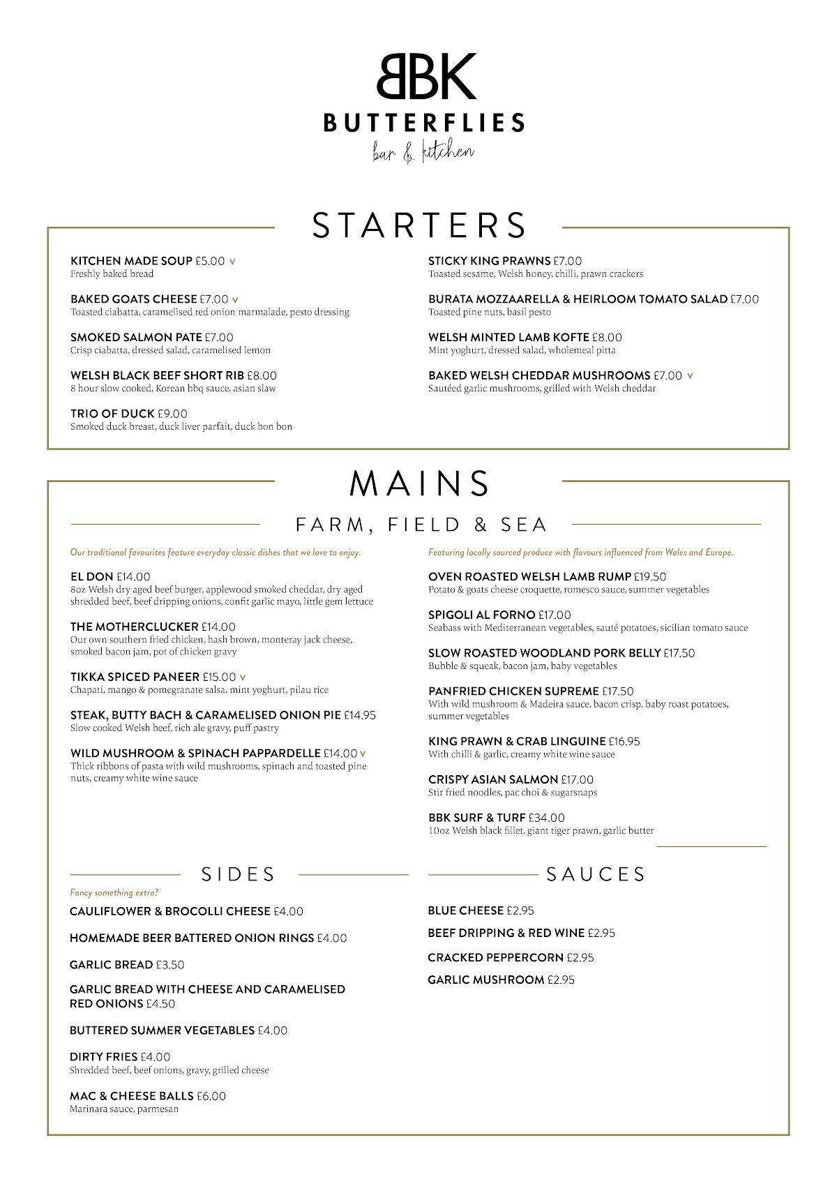 Menu at Butterflies Bar & Kitchen, Blaenavon