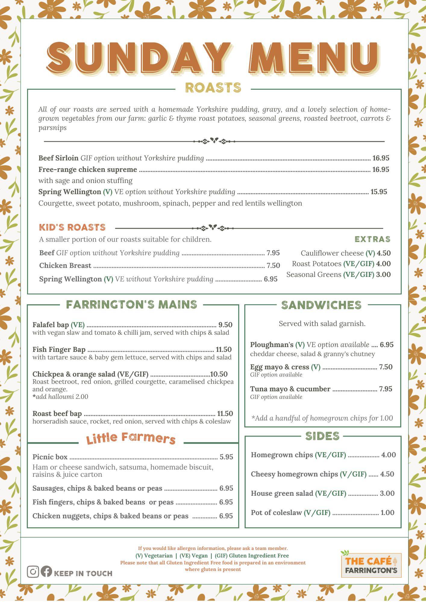 Menu at Farrington's Farm Shop & Café cafe, Farrington Gurney