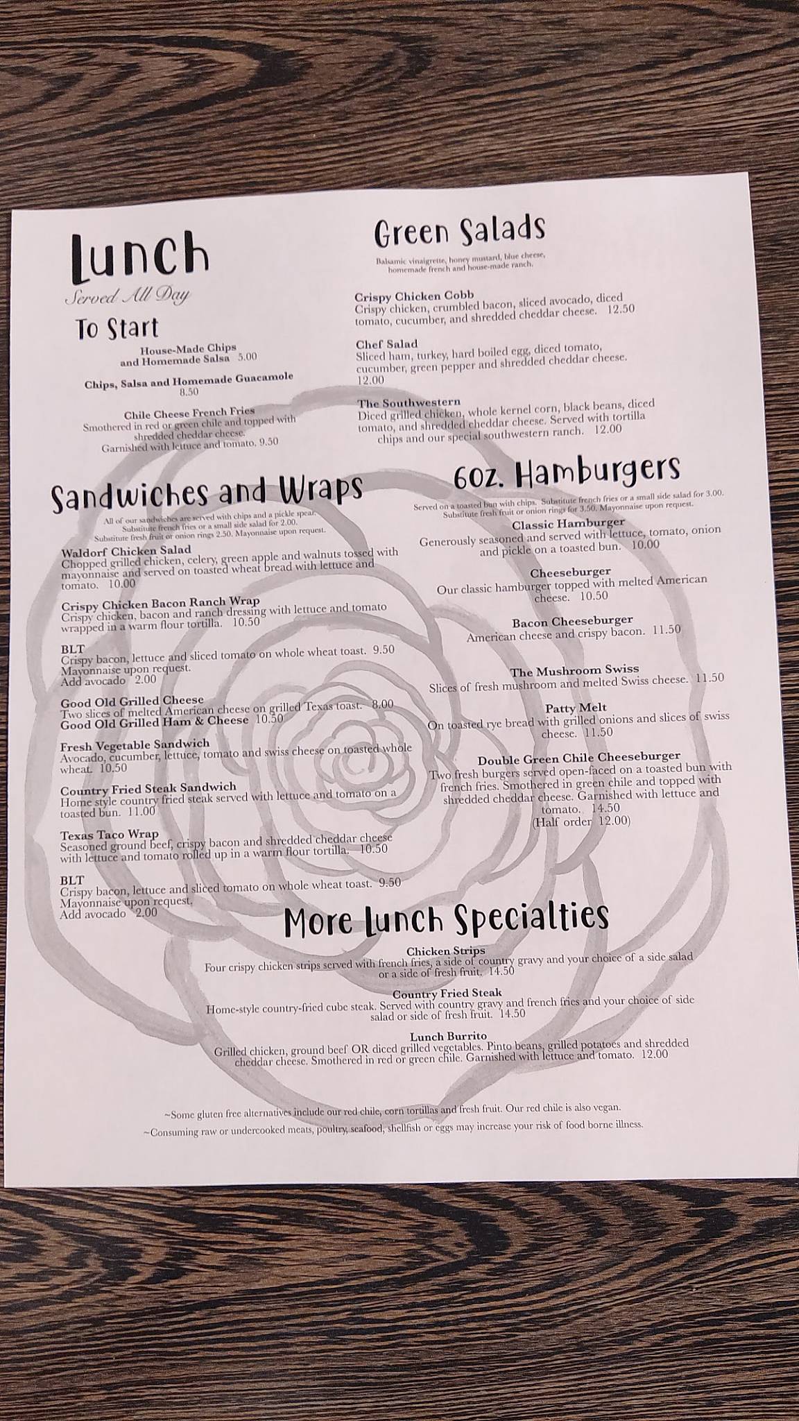 Menu at The Rose cafe, Pagosa Springs, 408 Pagosa St