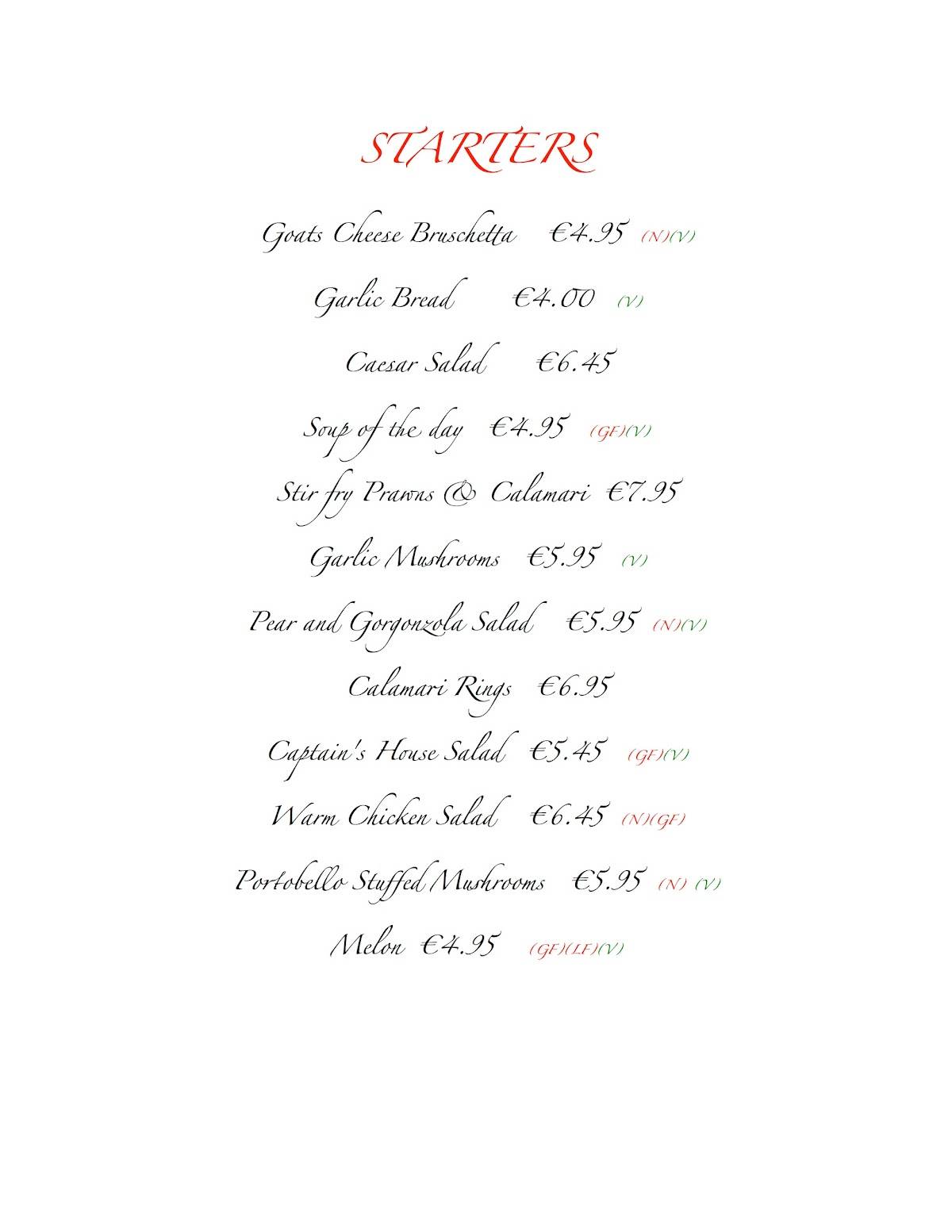 Menu at Captain House Restaurant, Tullamore