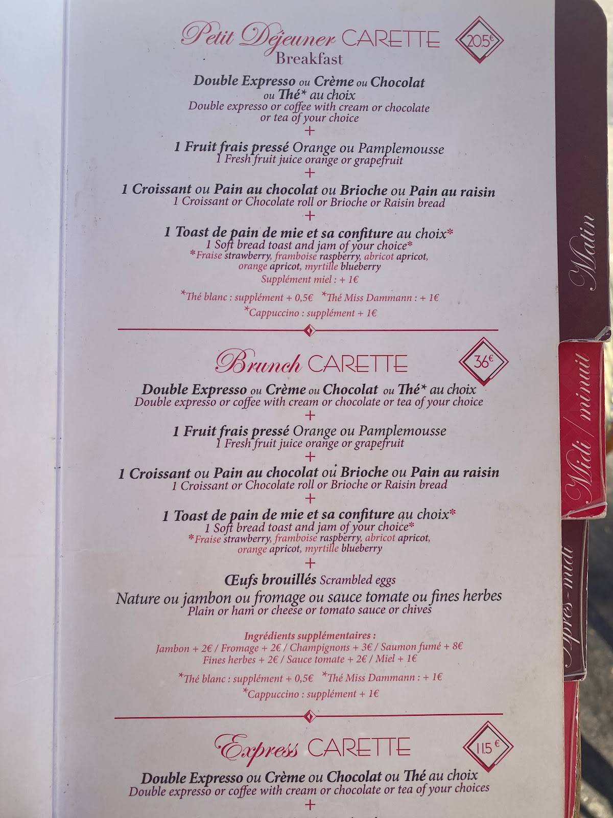 Menu at Carette cafe, Paris, 4 Pl. du Trocadéro et du 11 Novembre