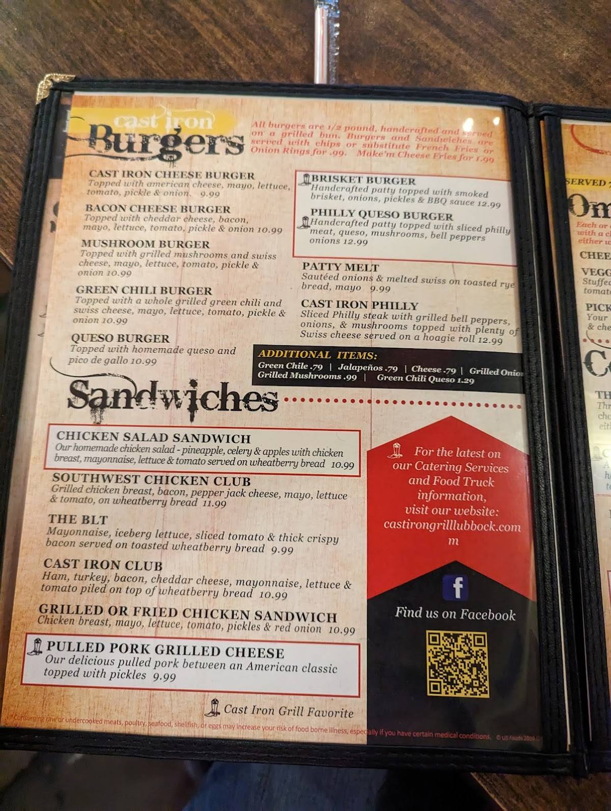 Menu at Cast Iron Grill restaurant, Lubbock, 620 19th St