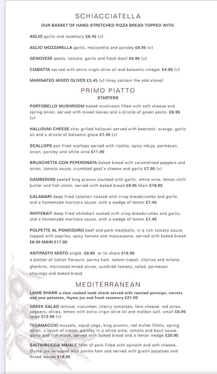 Menu at Castello restaurant, Yeovil