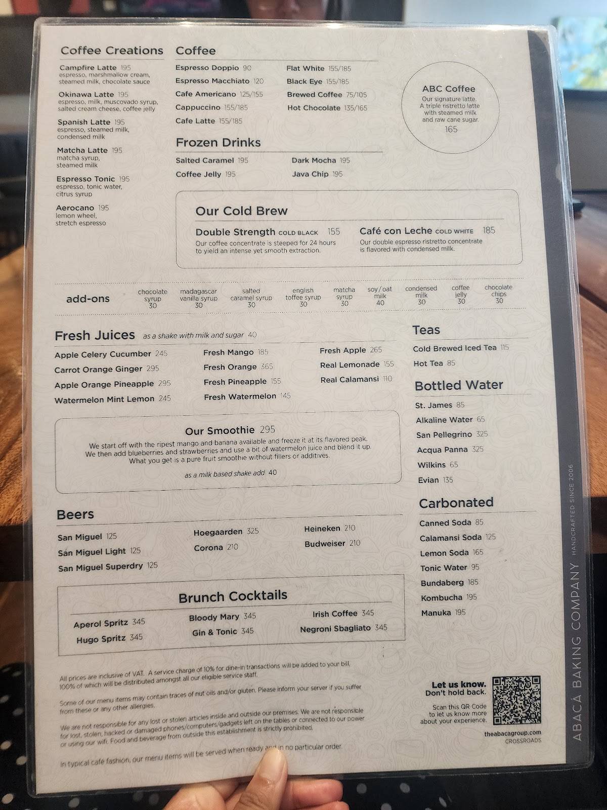 Menu at Abaca Baking Company restaurant, Cebu City, Crossroads