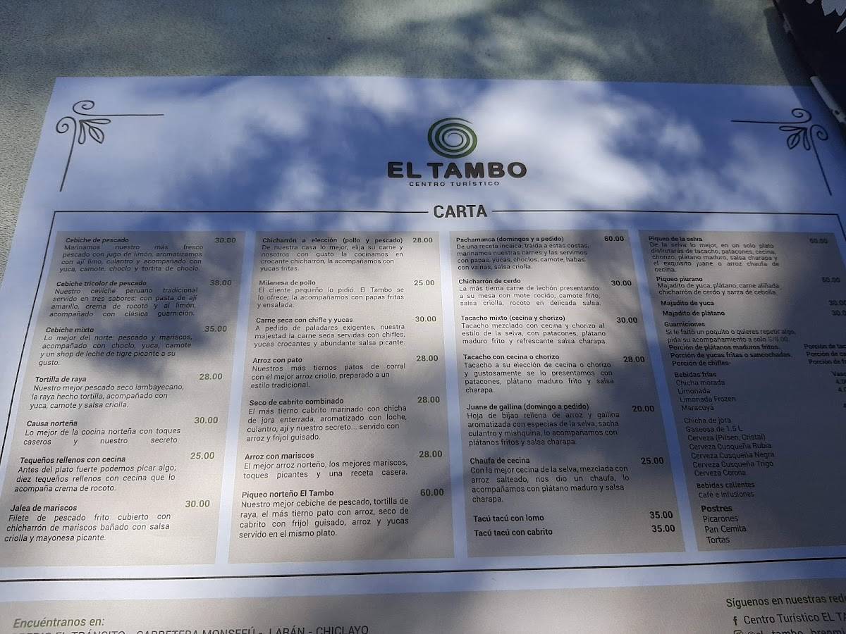 Carta del restaurante Centro Turístico El Tambo, Chiclayo