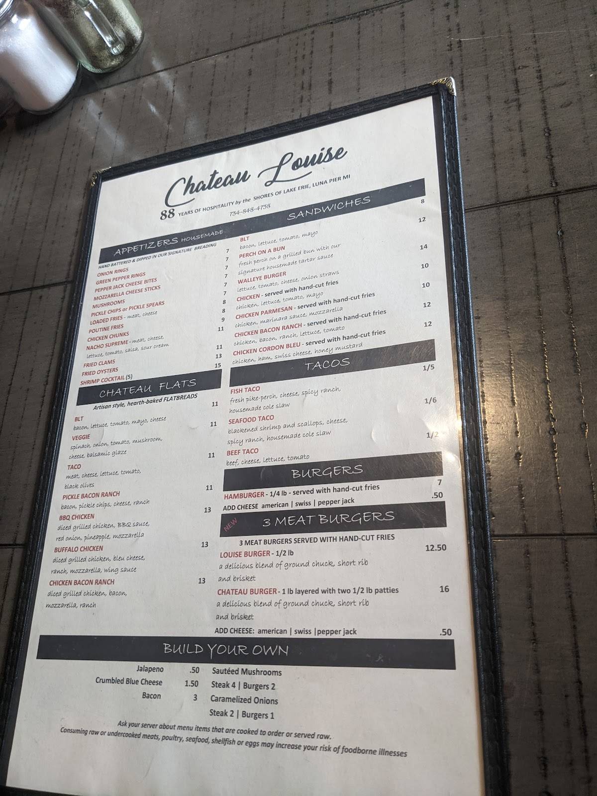 Menu At Chateau Louise Restaurant, Luna Pier, Luna Pier Rd