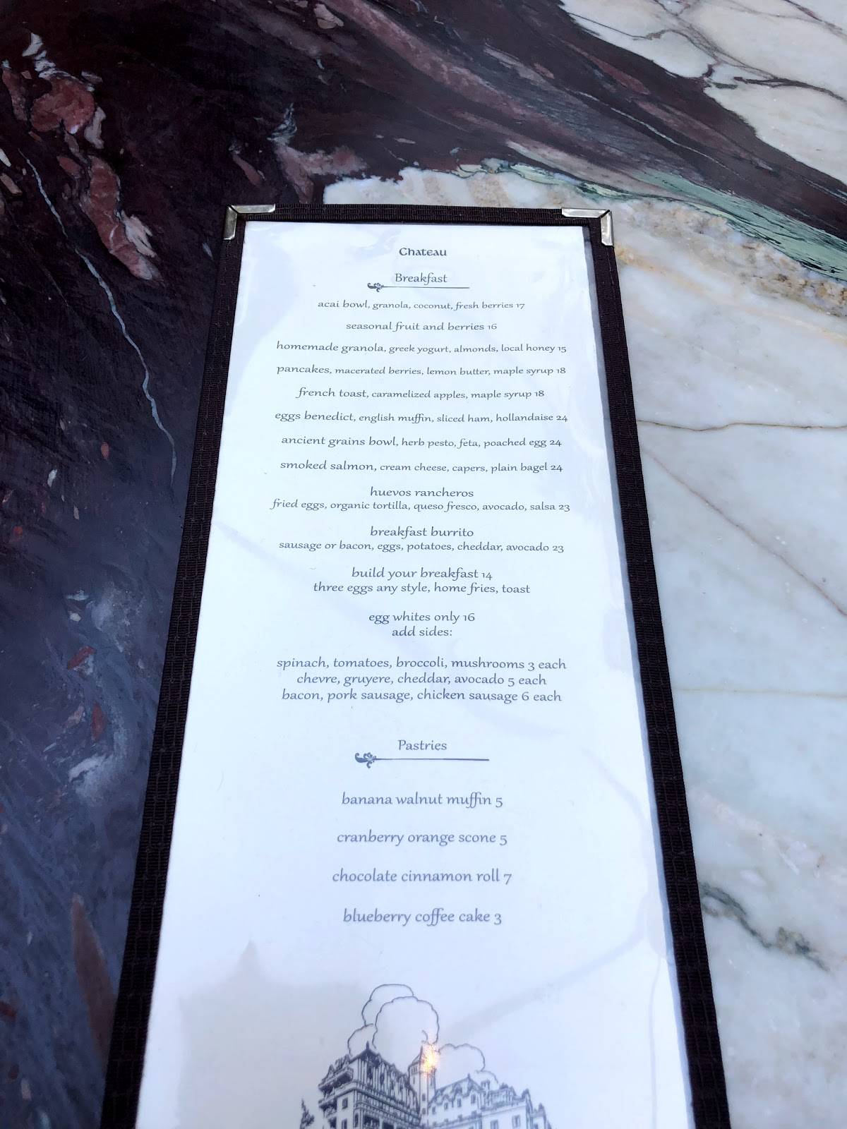 Menu at Chateau Marmont restaurant, Los Angeles, Sunset Blvd