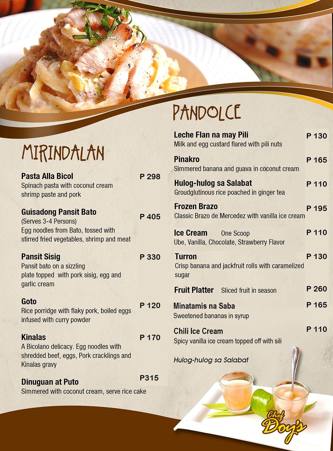 Menu at Chef Doy’s restaurant, Naga