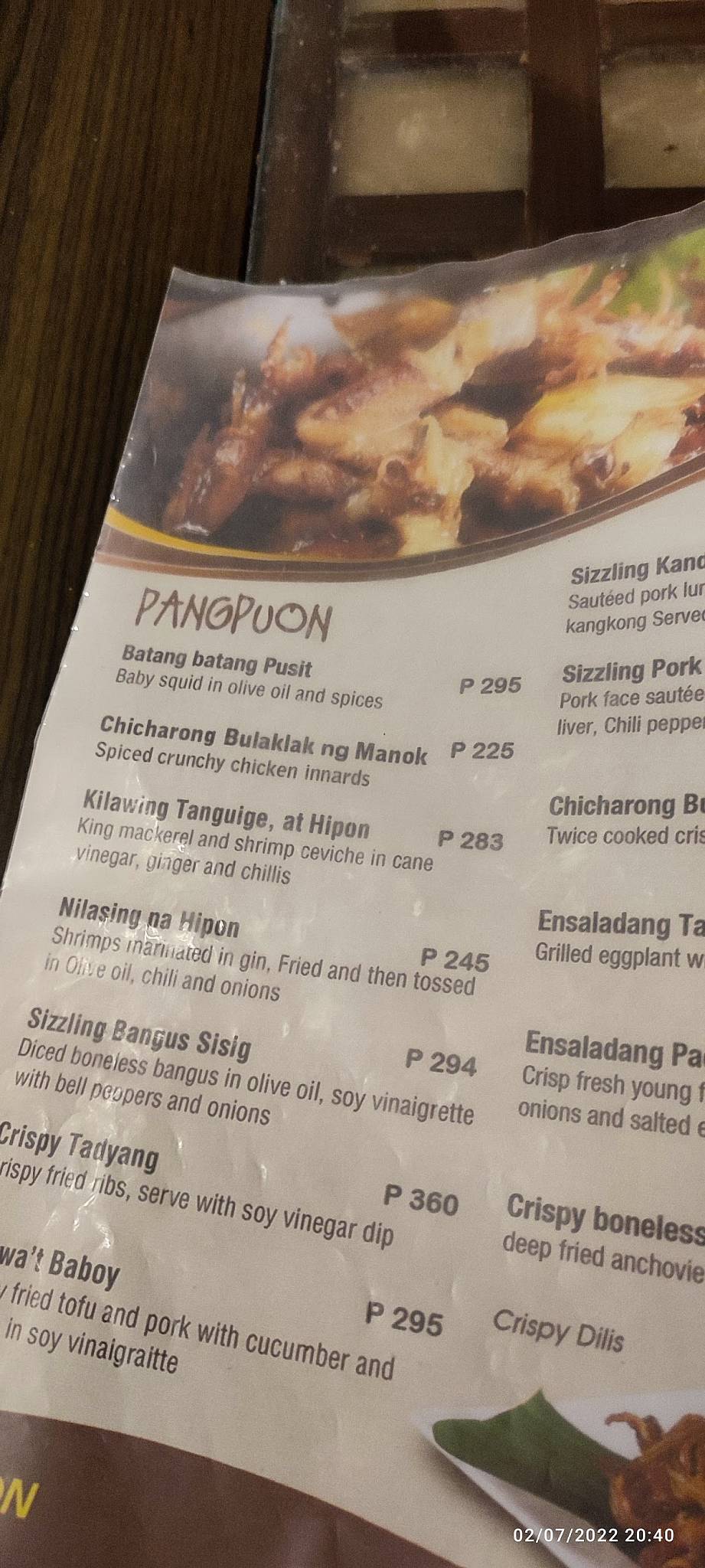 Menu at Chef Doy’s restaurant, Naga