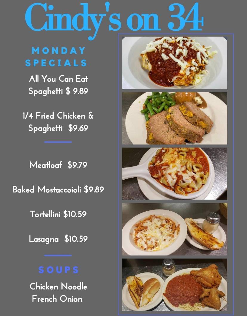 Menu at Cindy's on 34 restaurant, Mendota