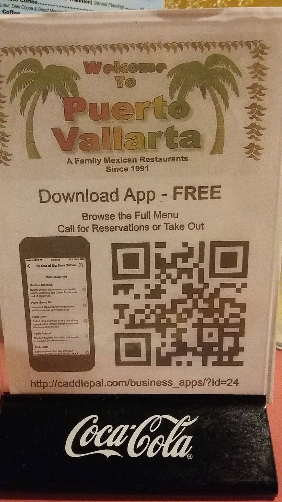 Menu at Puerto Vallarta restaurant, Coos Bay
