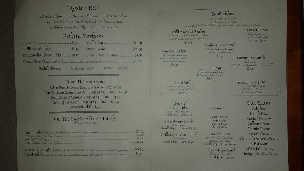 Menu at Oysters of Crystal River restaurant, Crystal River
