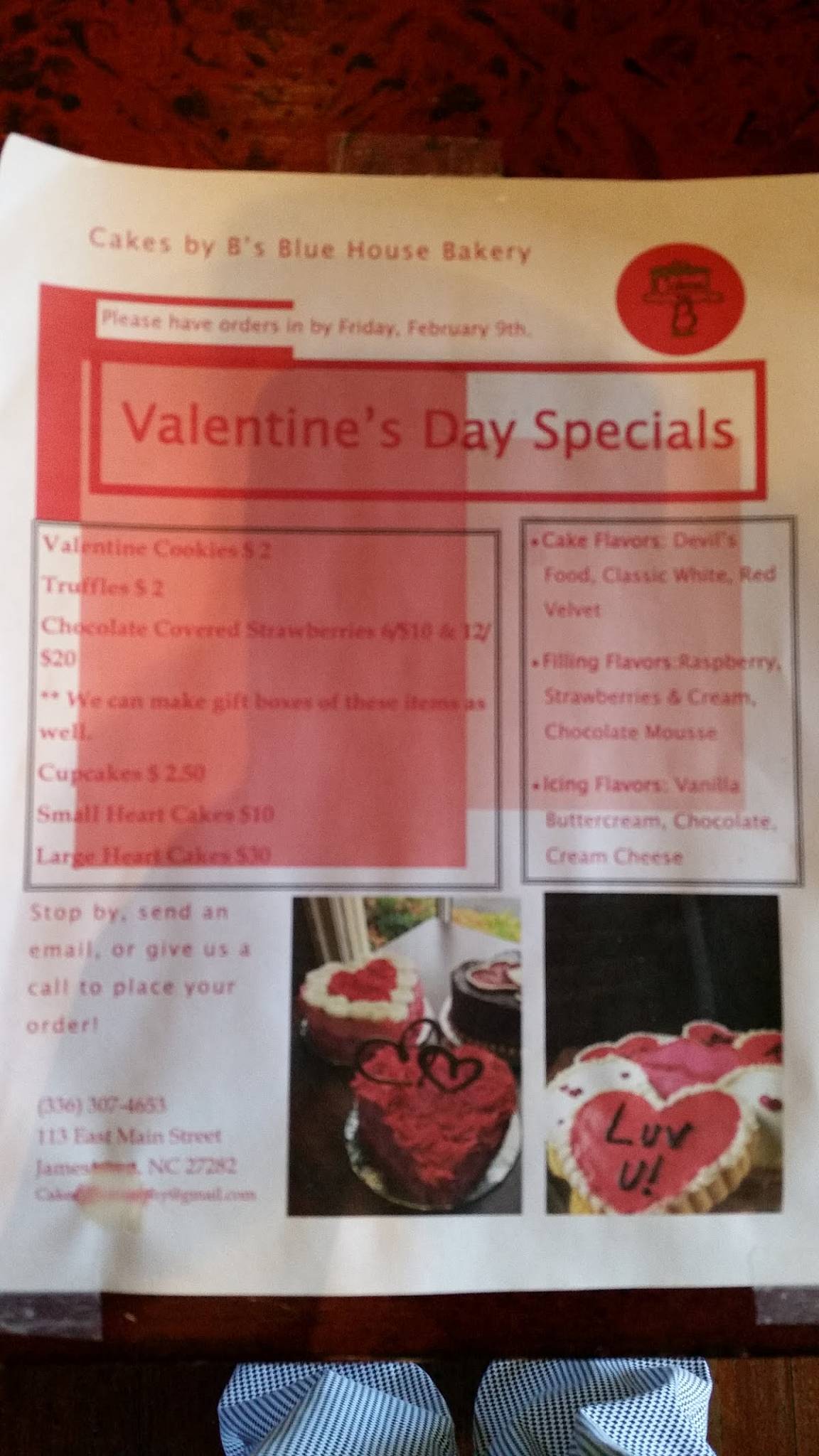 Menu at Cakes by B's Blue House Bakery, Jamestown