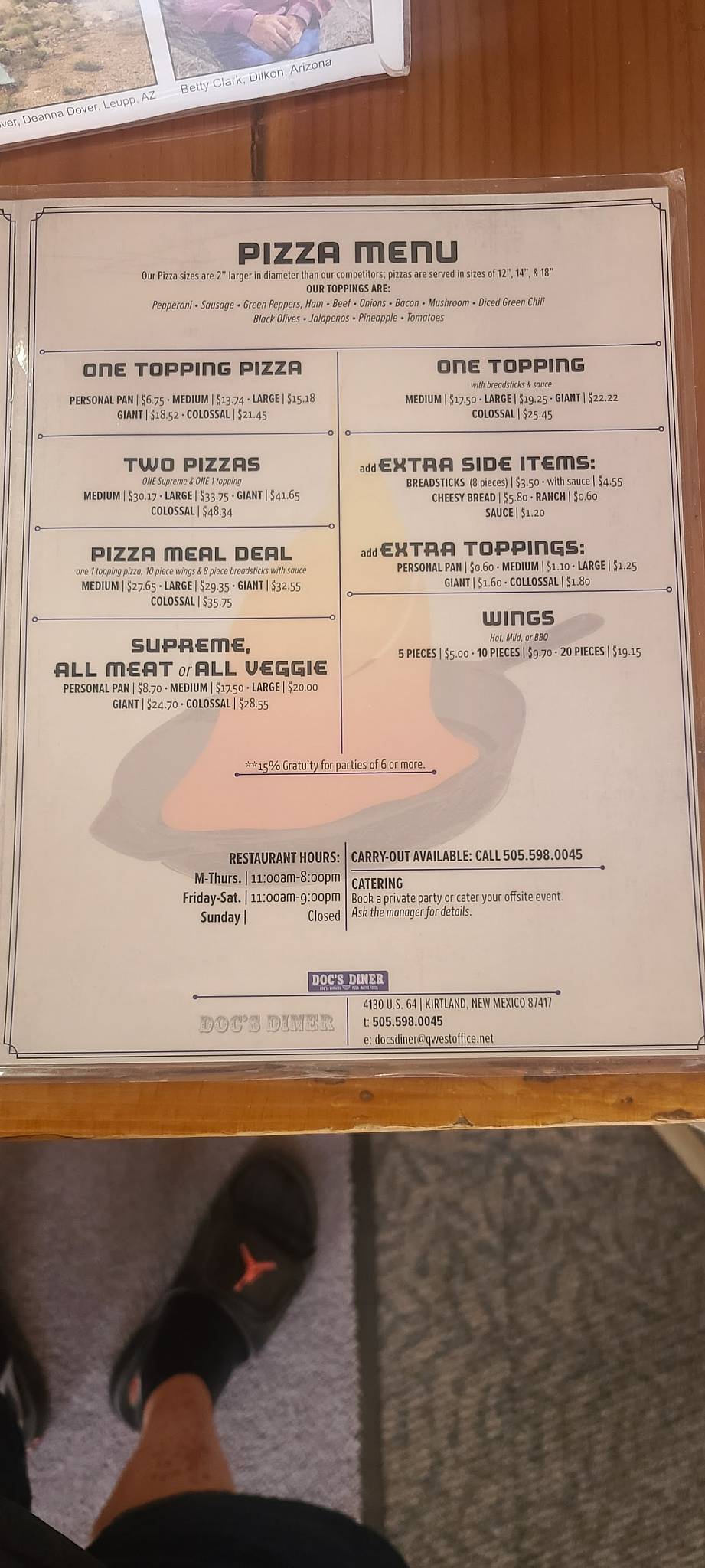 Menu at Doc's Place BBQ, Kirtland