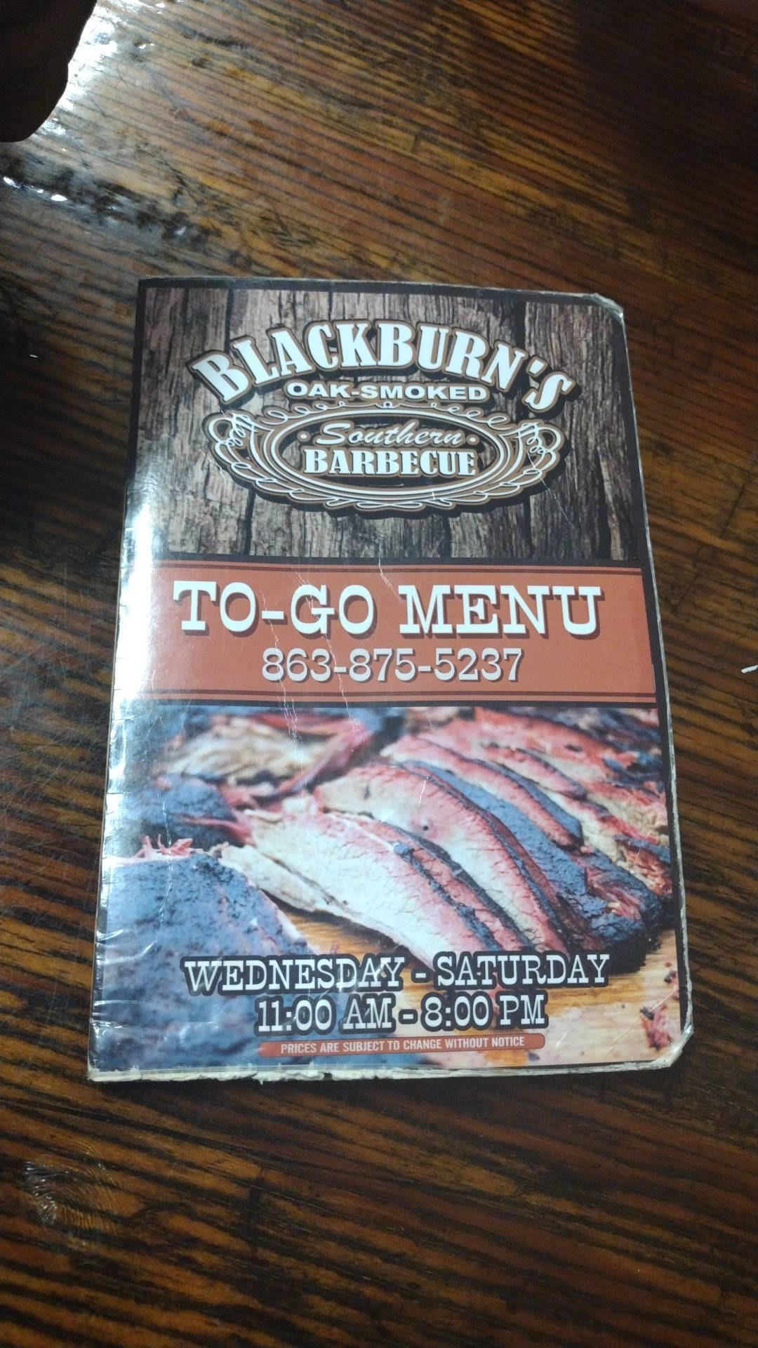 Menu at Blackburn's BBQ, Eagle Lake, 169 5th Eloise St