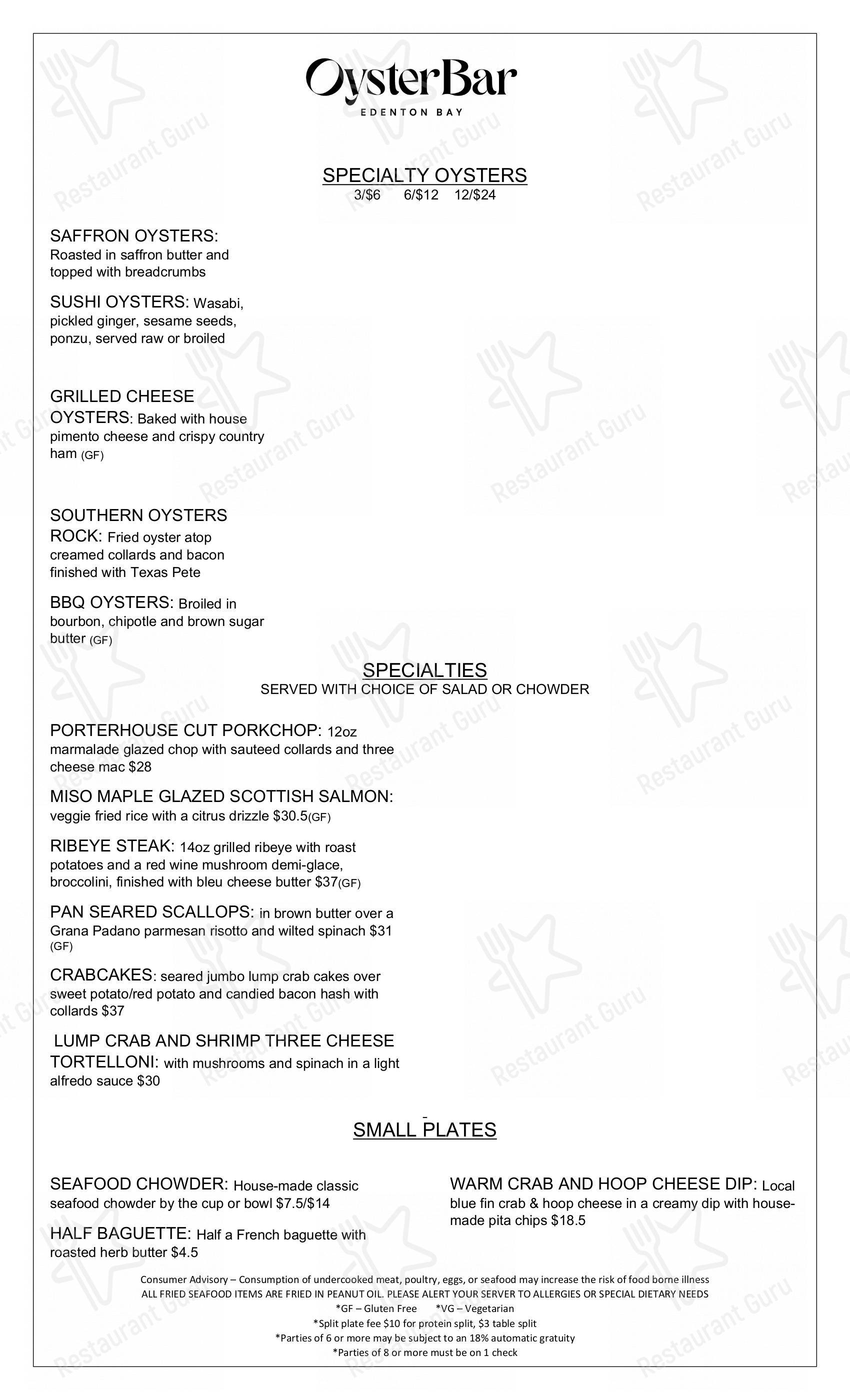 Menu at Edenton Bay Oyster Bar, Edenton