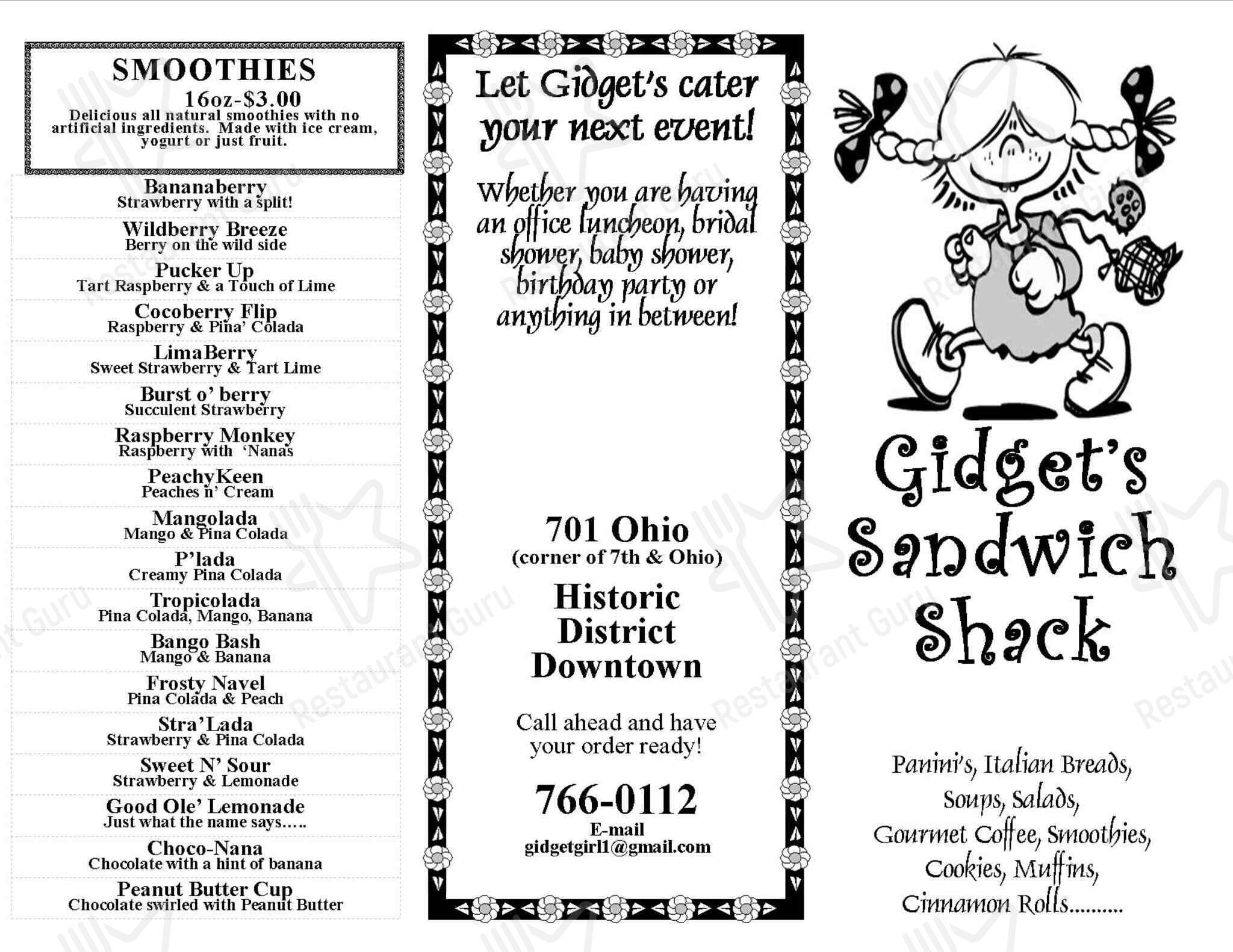 Gidgets Sandwich Shack menu