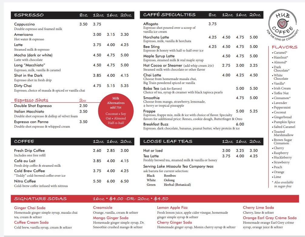 Menu at Hub Coffee cafe, Helena