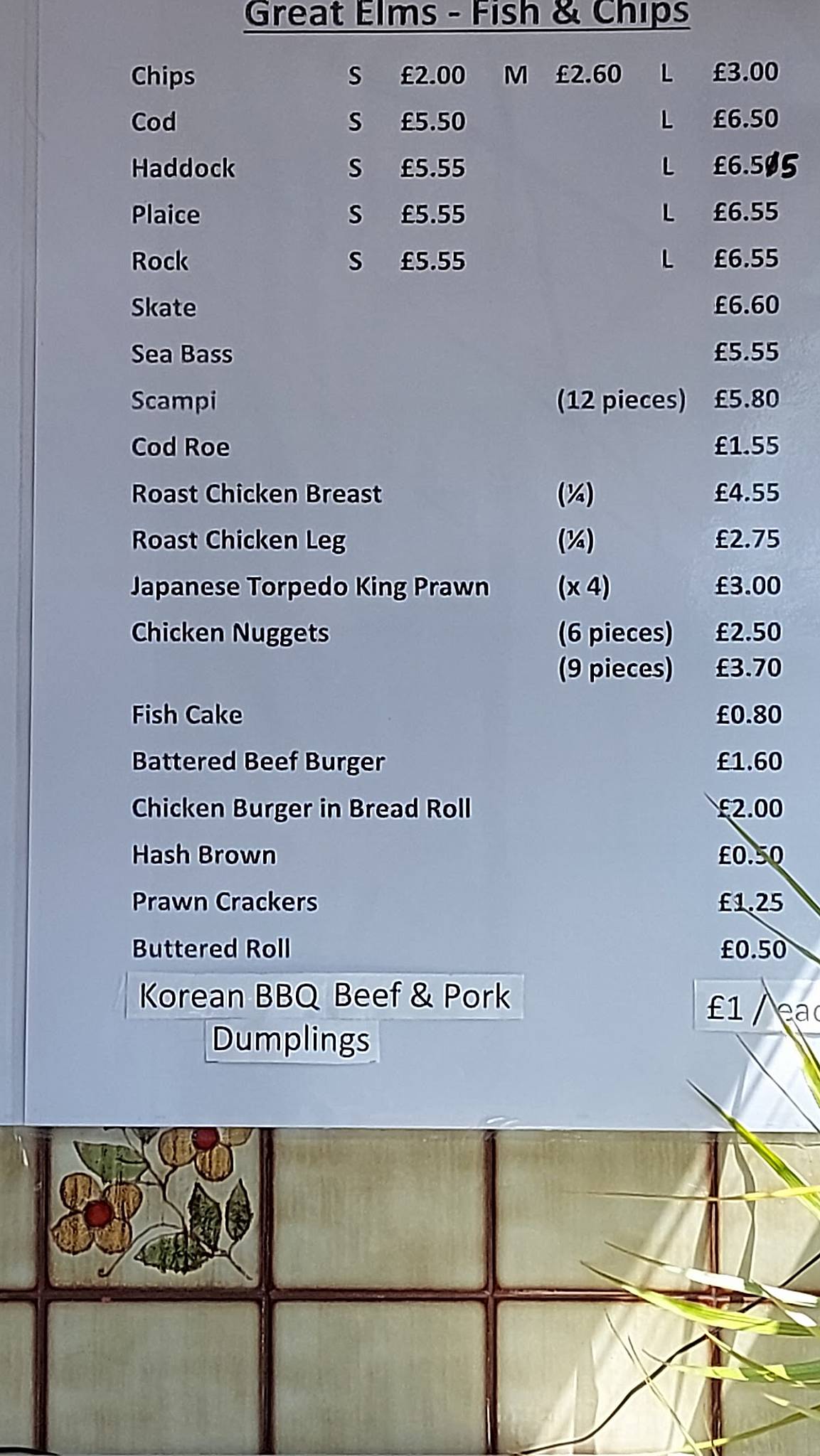 Menu at Great Elms Fish & Chips Takeaway restaurant, Hemel Hempstead