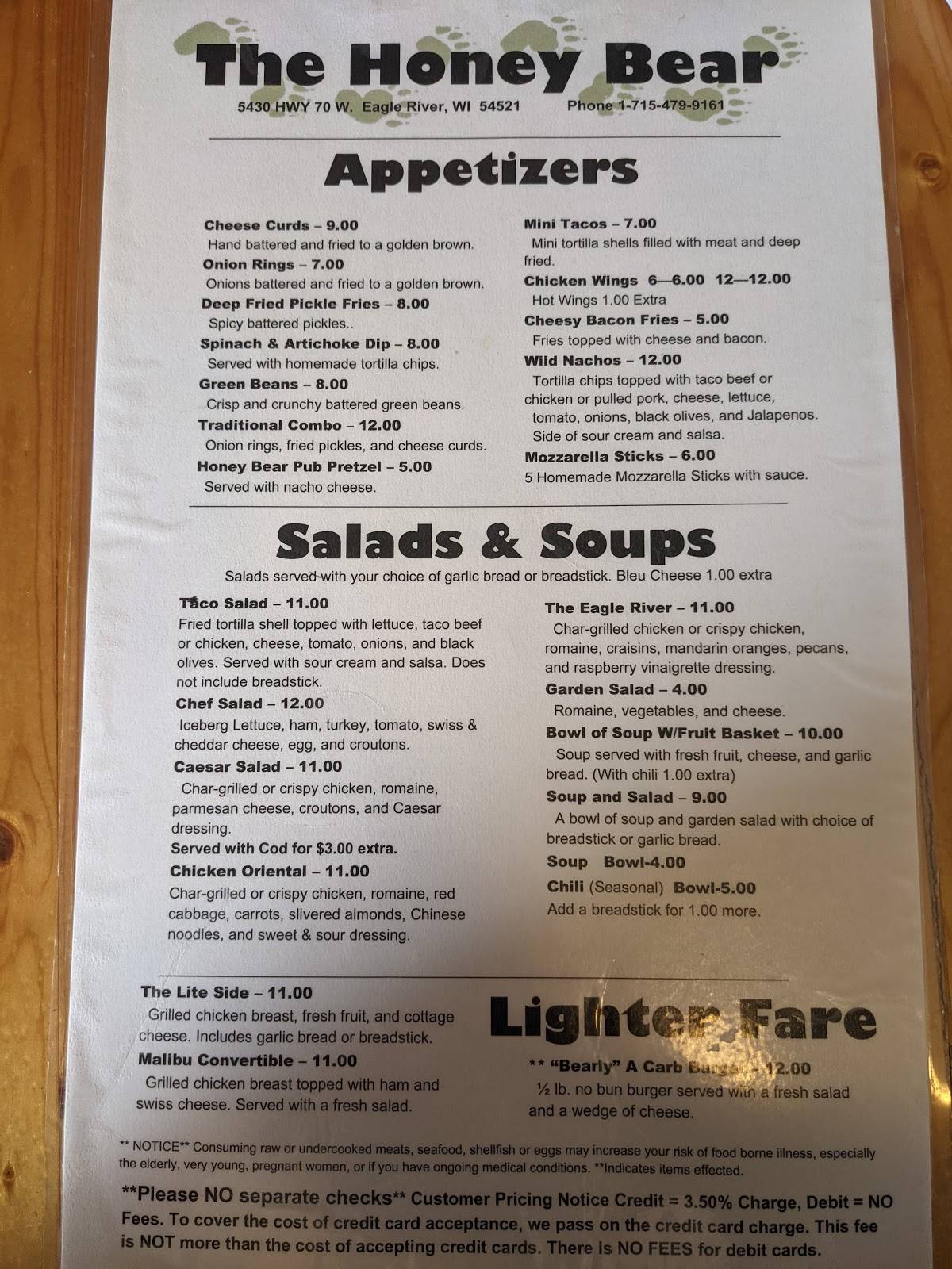 Menu at Honey Bear restaurant, Eagle River, WI70