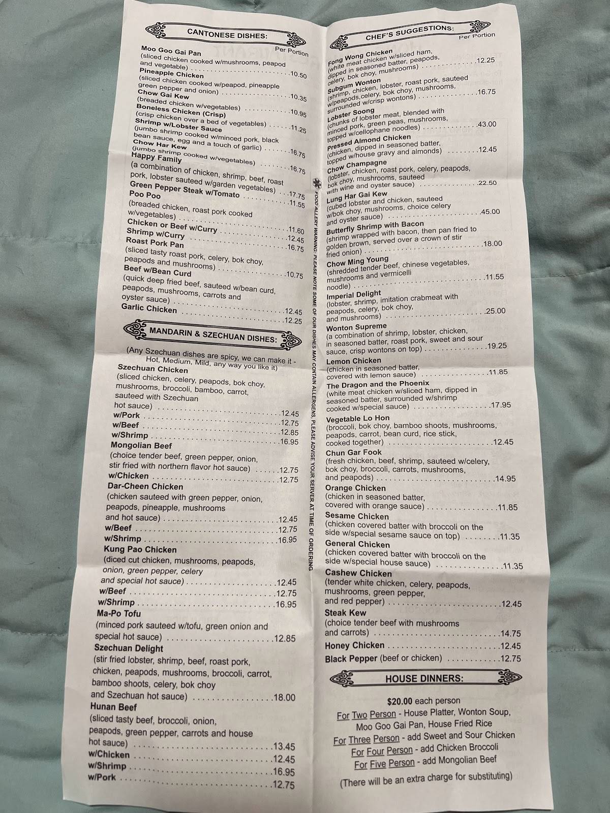 Menu at Hong Kong Restaurant, Cloquet