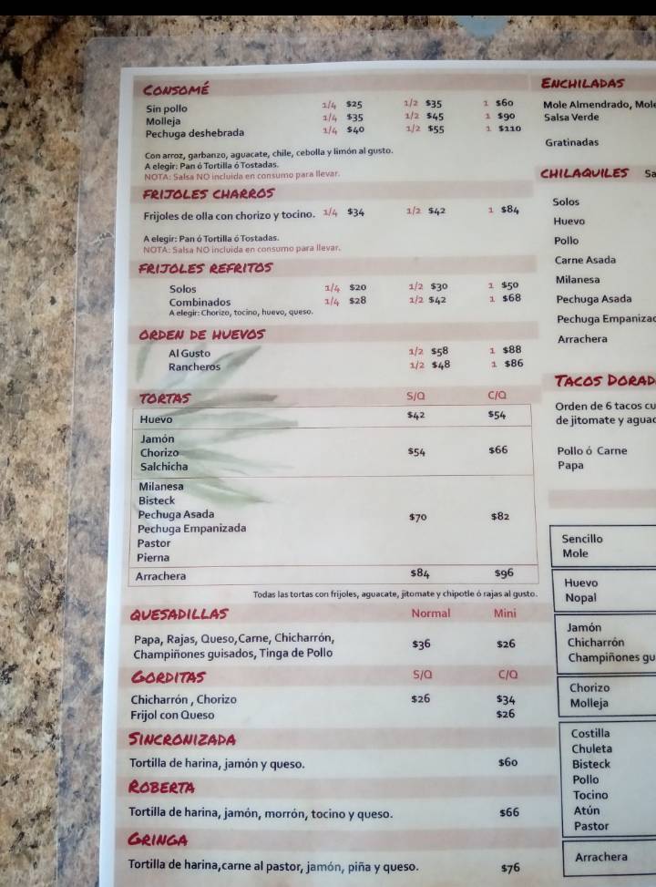 Carta del restaurante Huarachín y Huarachón, Nezahualcóyotl, Nte. 70 6019