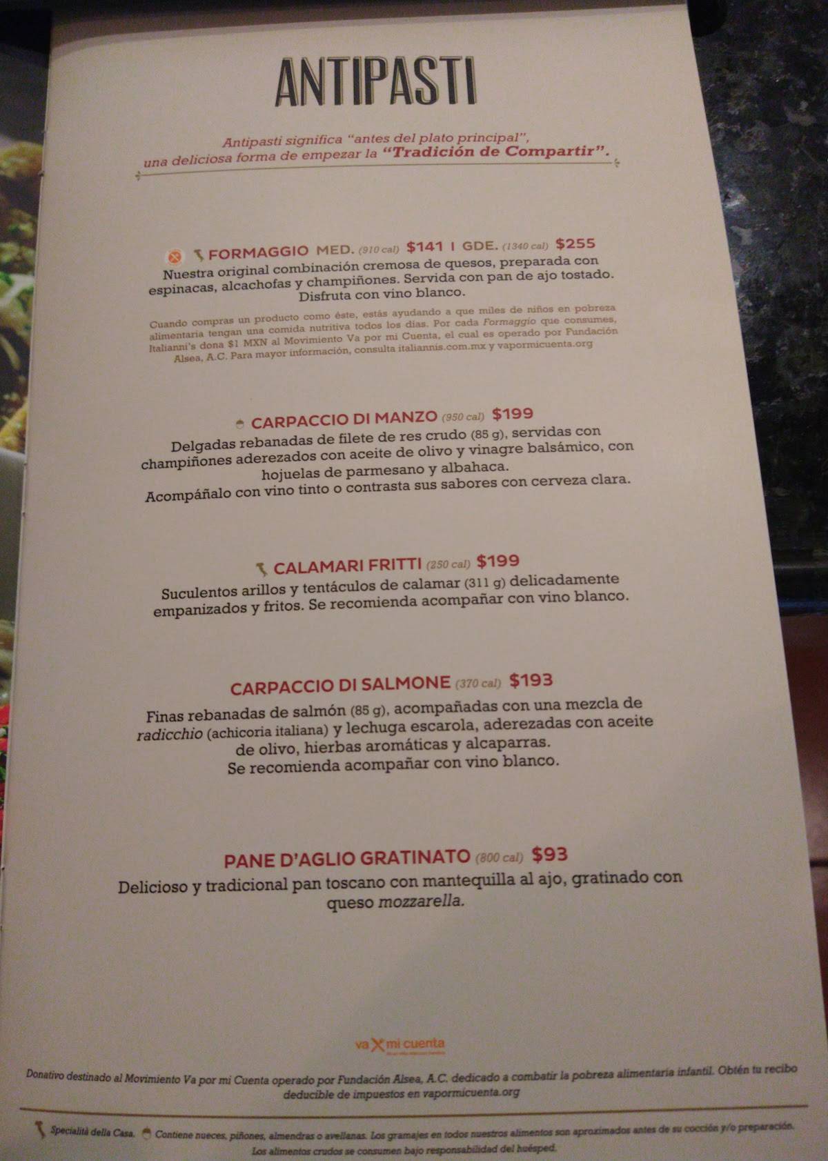 Carta del restaurante Italianni’s, Pachuca del Soto